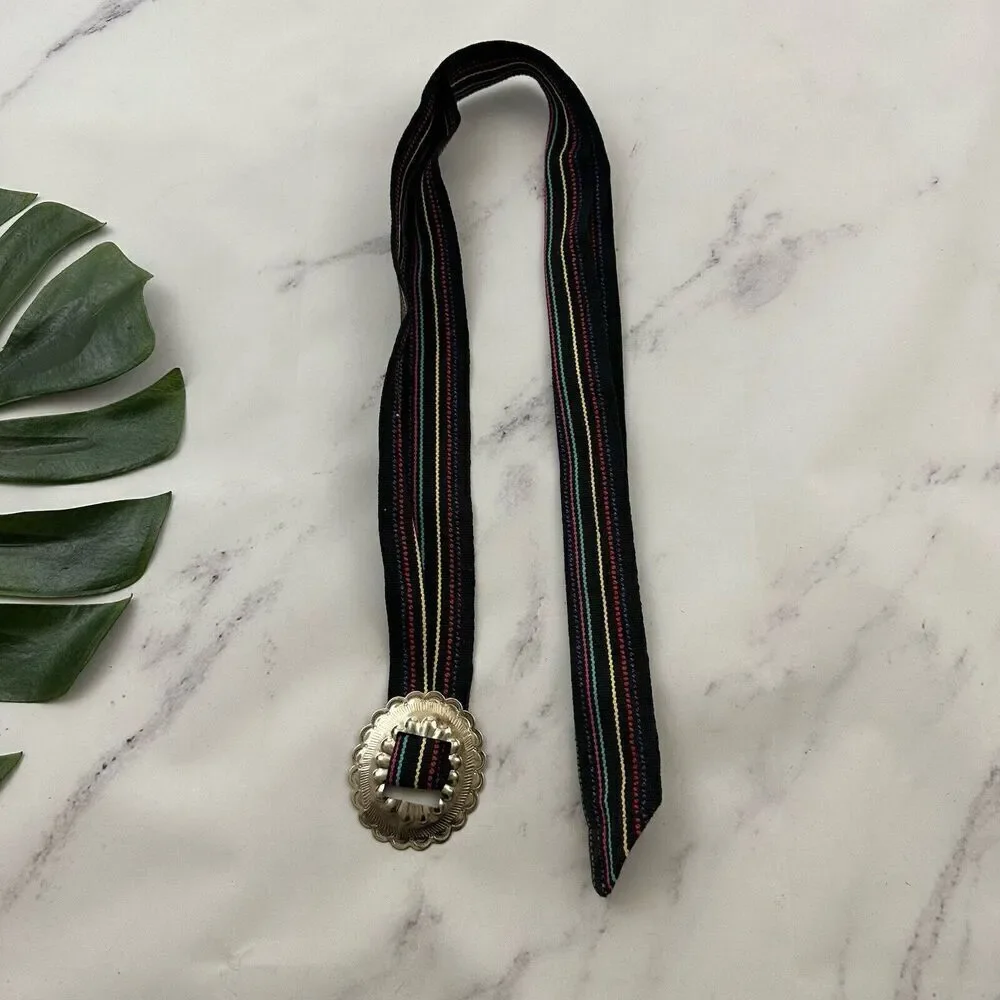 Womens Vintage Fabric Woven Belt Size M Black Colorful Stripe Tin Buckle Western